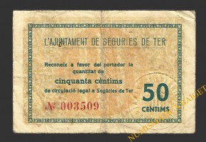 SEGÚRIES DE TER (Girona) 50 cèntims maig del 1937