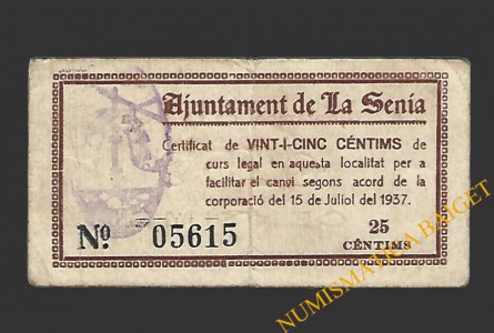 SÉNIA, LA (Tarragona) 25 cèntims 15 de juliol del 1937