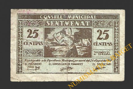 SENTMENAT (Barcelona) 25 cèntims 26 d'agost del 1937