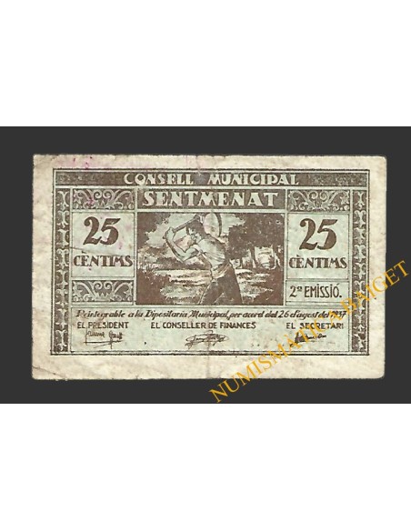 SENTMENAT (Barcelona) 25 cèntims 26 d'agost del 1937
