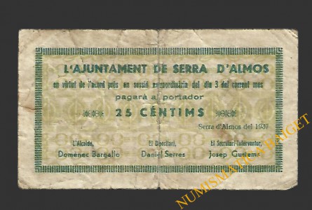 SERRA D'ALMOS (Tarragona) 25 cèntims 3 d'agost del 1937