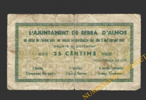 SERRA D'ALMOS (Tarragona) 25 cèntims 3 d'agost del 1937