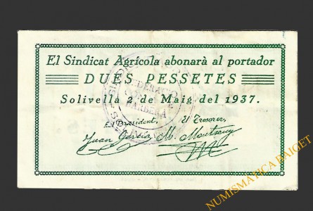 SOLIVELLA (Tarragona) 2 pessetes 2 de maig del 1937