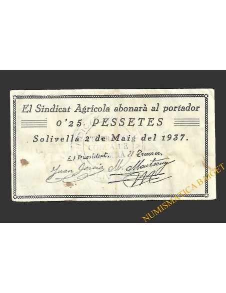 SOLIVELLA (Tarragona) 0'25 pessetes 2 de maig del 1937