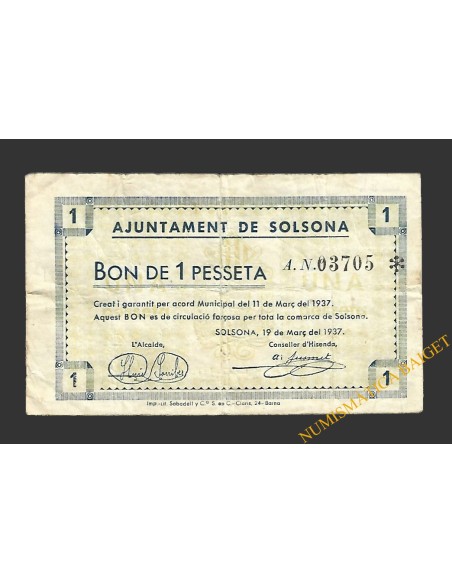 SOLSONA (Lleida) 1 pesseta 19 de març del 1937