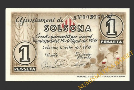 SOLSONA (Lleida) 1 pesseta 1 de setembre del 1937
