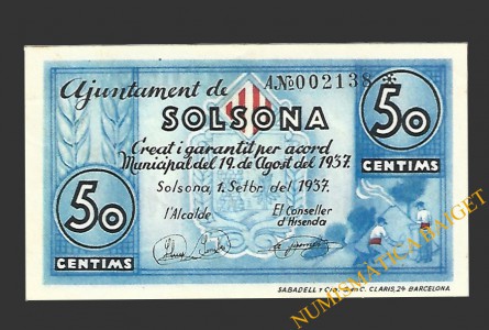 SOLSONA (Lleida) 50 cèntims 1 de setembre del 1937