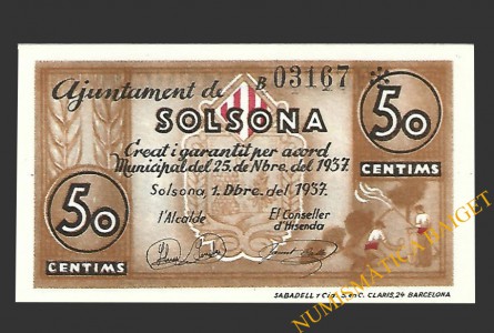 SOLSONA (Lleida) 50 cèntims 1 de desembre del 1937