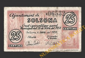 SOLSONA (Lleida) 25 cèntims 1 de desembre del 1937