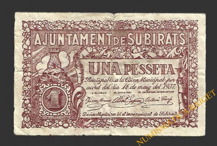 SUBIRATS (Barcelona)) 1 pesseta 16 de maig del 1937 