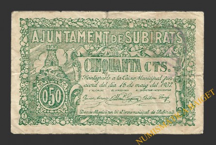 SUBIRATS (Barcelona)) 50 cèntims 16 de maig del 1937 