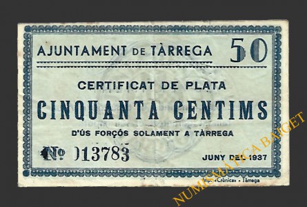 TÀRREGA (Lleida) 50 cèntims juny del 1937 