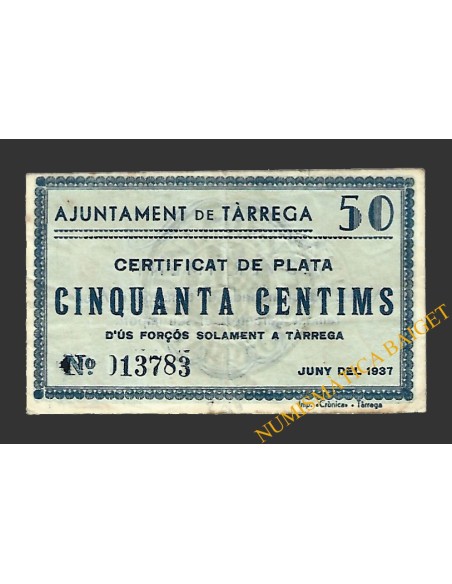 TÀRREGA (Lleida) 50 cèntims juny del 1937 