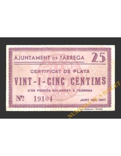 TÀRREGA (Lleida) 25 cèntims juny del 1937 