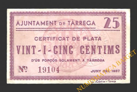 TÀRREGA (Lleida) 25 cèntims juny del 1937 