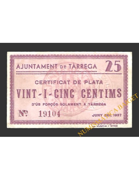 TÀRREGA (Lleida) 25 cèntims juny del 1937 