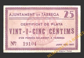 TÀRREGA (Lleida) 25 cèntims juny del 1937 