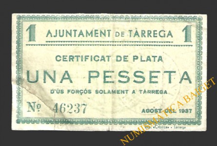 TÀRREGA (Lleida) 1 pesseta agost del 1937 