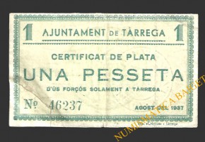 TÀRREGA (Lleida) 1 pesseta agost del 1937 