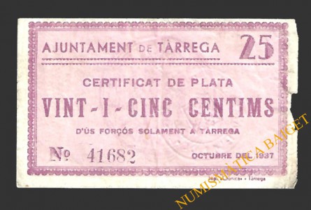 TÀRREGA (Lleida) 25 cèntims octubre del 1937 