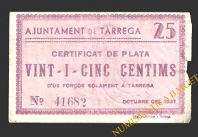 TÀRREGA (Lleida) 25 cèntims octubre del 1937 