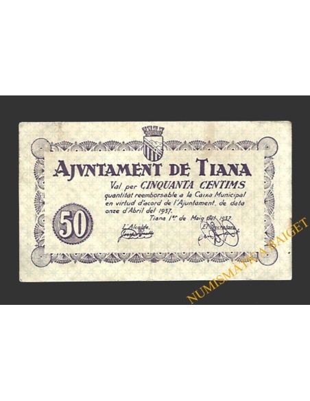 TIANA (Barcelona) 50 cèntims 1 de maig del 1937 