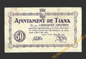 TIANA (Barcelona) 50 cèntims 1 de maig del 1937 