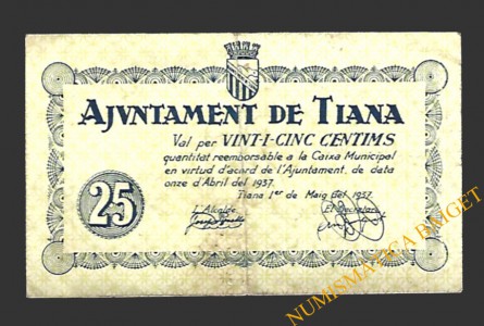 TIANA (Barcelona) 25 cèntims 1 de maig del 1937 