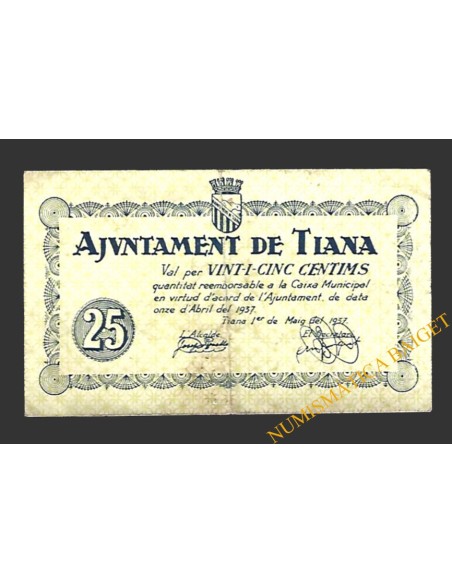 TIANA (Barcelona) 25 cèntims 1 de maig del 1937 