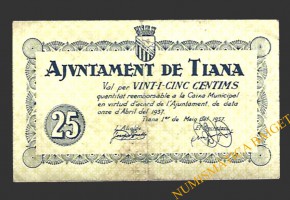 TIANA (Barcelona) 25 cèntims 1 de maig del 1937 