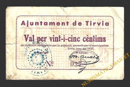 TÍRVIA (Lleida) 25 cèntims juny del 1937 