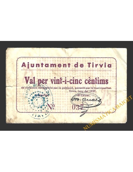 TÍRVIA (Lleida) 25 cèntims juny del 1937 