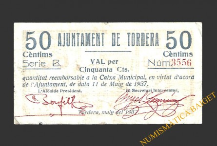 TORDERA (Barcelona) 50 cèntims 11 de maig del 1937  Serie B