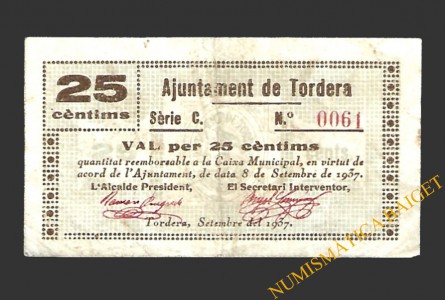 TORDERA (Barcelona) 25 cèntims 11 de maig del 1937 