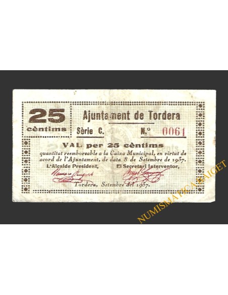 TORDERA (Barcelona) 25 cèntims 11 de maig del 1937 