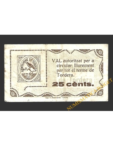 TORDERA (Barcelona) 25 cèntims 11 de maig del 1937 