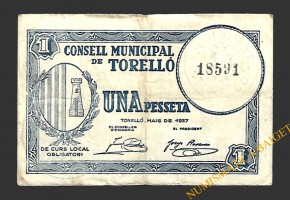 TORELLÓ (Barcelona) 1 pesseta maig del 1937 
