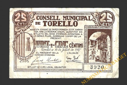 TORELLÓ (Barcelona) 25 cèntims 15 de juliol del 1937 