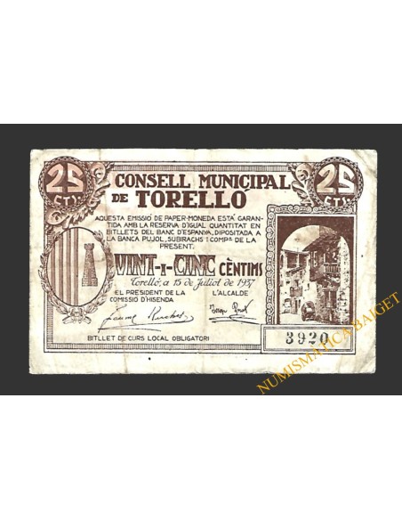 TORELLÓ (Barcelona) 25 cèntims 15 de juliol del 1937 