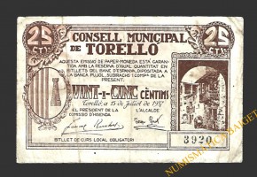 TORELLÓ (Barcelona) 25 cèntims 15 de juliol del 1937 