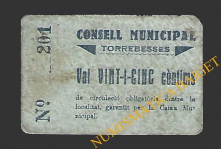 TORREBESSES (Lleida) 25 cèntims 1937 