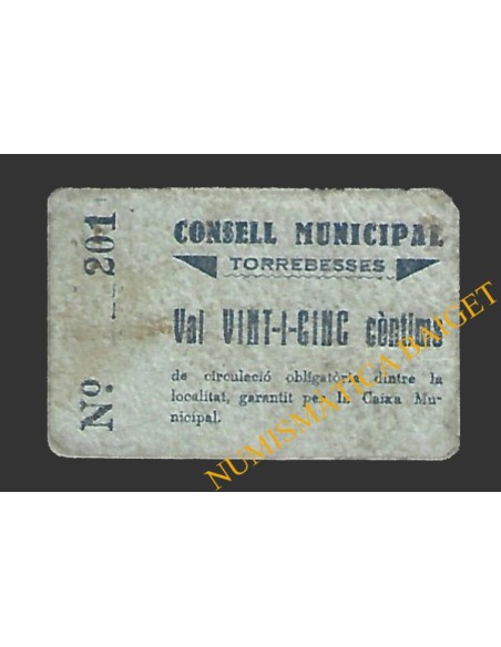 TORREBESSES (Lleida) 25 cèntims 1937 