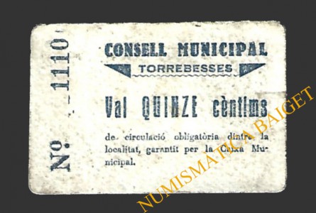 TORREBESSES (Lleida) 15 cèntims 1937 