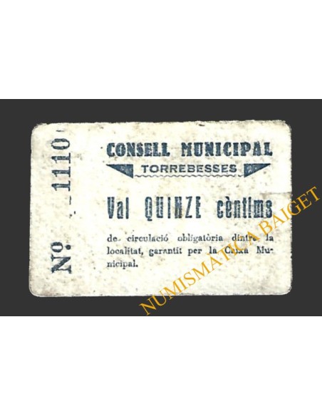 TORREBESSES (Lleida) 15 cèntims 1937 