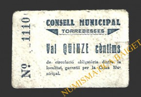 TORREBESSES (Lleida) 15 cèntims 1937 