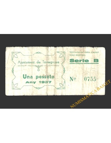 TORREGROSSA (Lleida) 1 pesseta juny  del 1937 