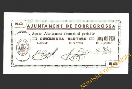 TORREGROSSA (Lleida) 50 cèntims juny  del 1937 