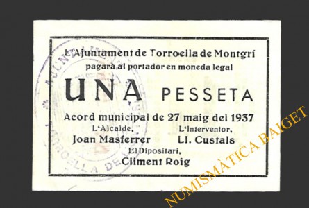 TORROELLA DE MONTGRÍ (Girona) 1 pesseta 27 de maig del 1937 