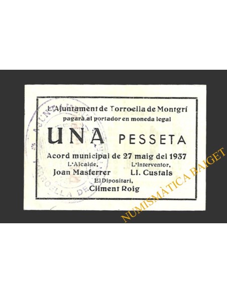 TORROELLA DE MONTGRÍ (Girona) 1 pesseta 27 de maig del 1937 