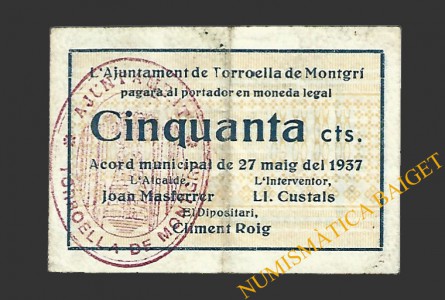 TORROELLA DE MONTGRÍ (Girona) 50 cèntims 27 de maig del 1937 